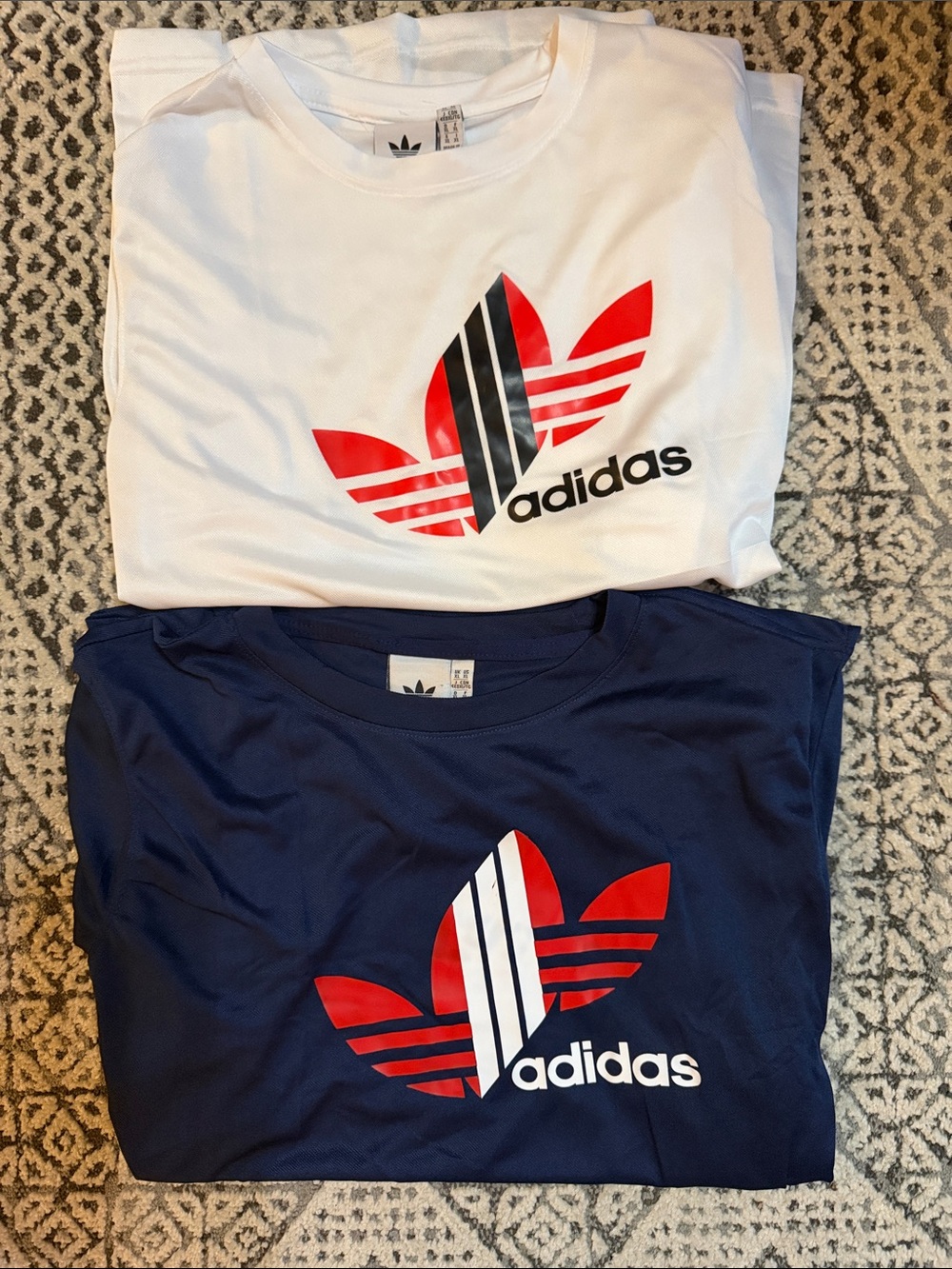 Two adidas Men’s Short Sleeve Tee in White & Navy with Red Logo